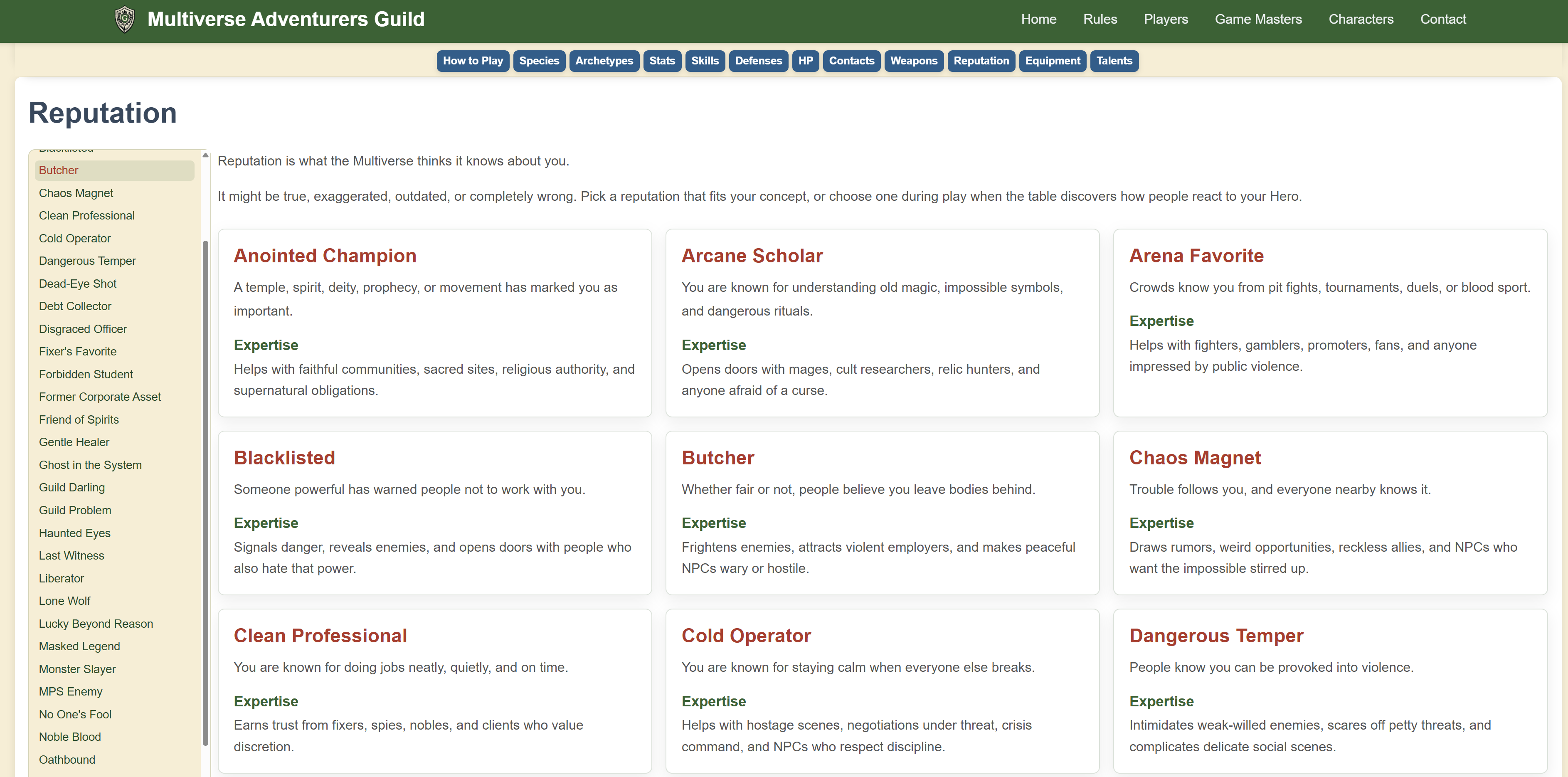Reputation rules on the rebuilt Multiverse Adventurers Guild desktop site